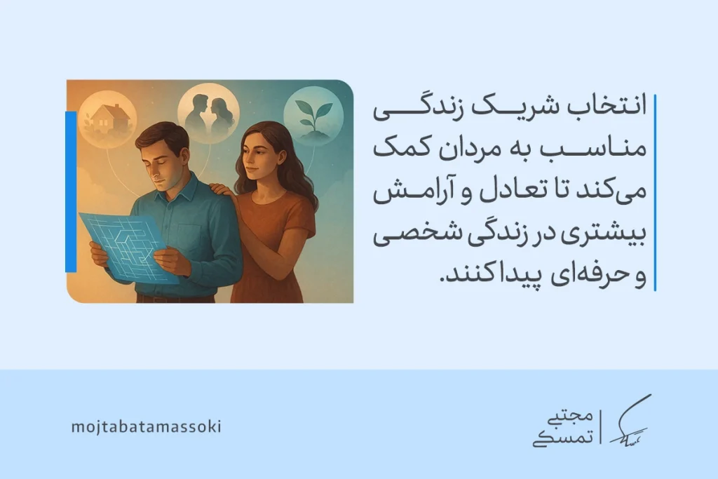 در تصویر مردی در حال بررسی مسیر زندگی است و زنی کنارش ایستاده تا نشان دهد معیار انتخاب همسر در آقایان به آرامش و تعادل کمک می‌کند.