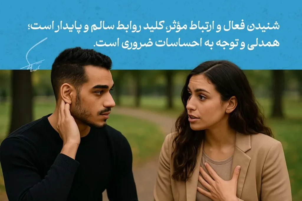 رابطه سالم چه ویژگی هایی دارد؟+ تکنیک و راهکار 4 زن و مرد در حال گفتوگوی احساسی در فضای باز؛ گوش دادن فعال و همدلی از مهمترین ویژگی رابطه سالم و پایدار محسوب میشود.