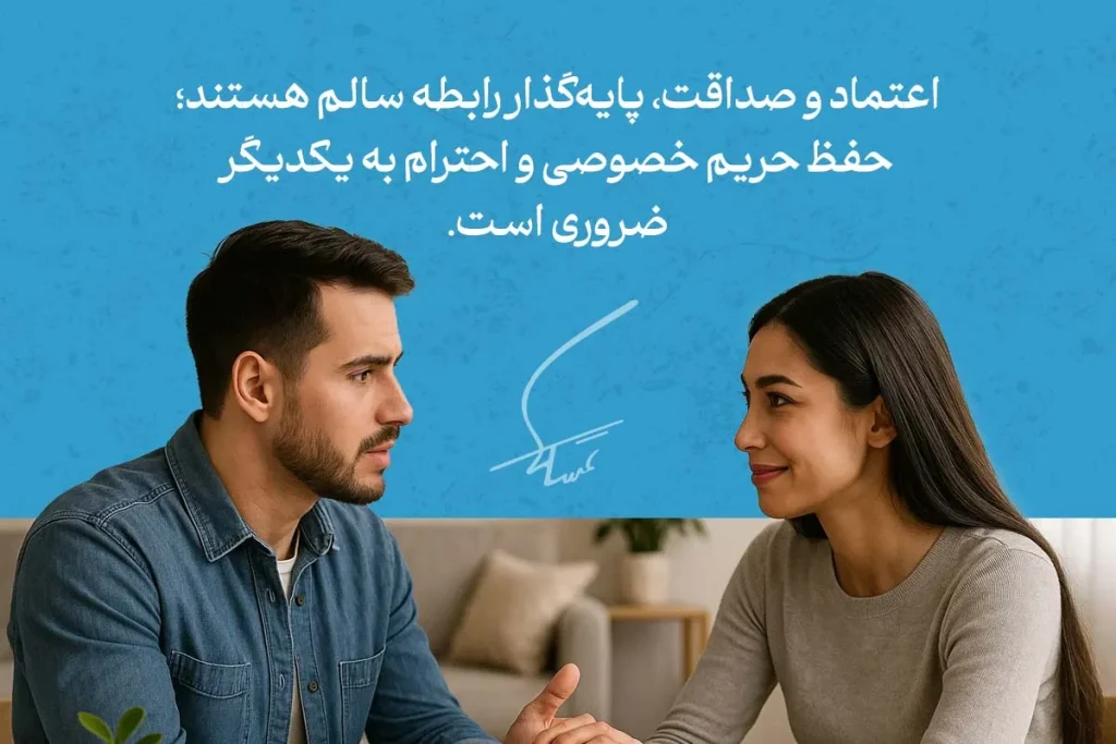 رابطه سالم چه ویژگی هایی دارد؟+ تکنیک و راهکار 3 زن و مرد جوان روبهرو در حال گفتوگوی صمیمانه؛ اعتماد، صداقت و حفظ حریم خصوصی بهعنوان ویژگی رابطه سالم برجسته شده است.