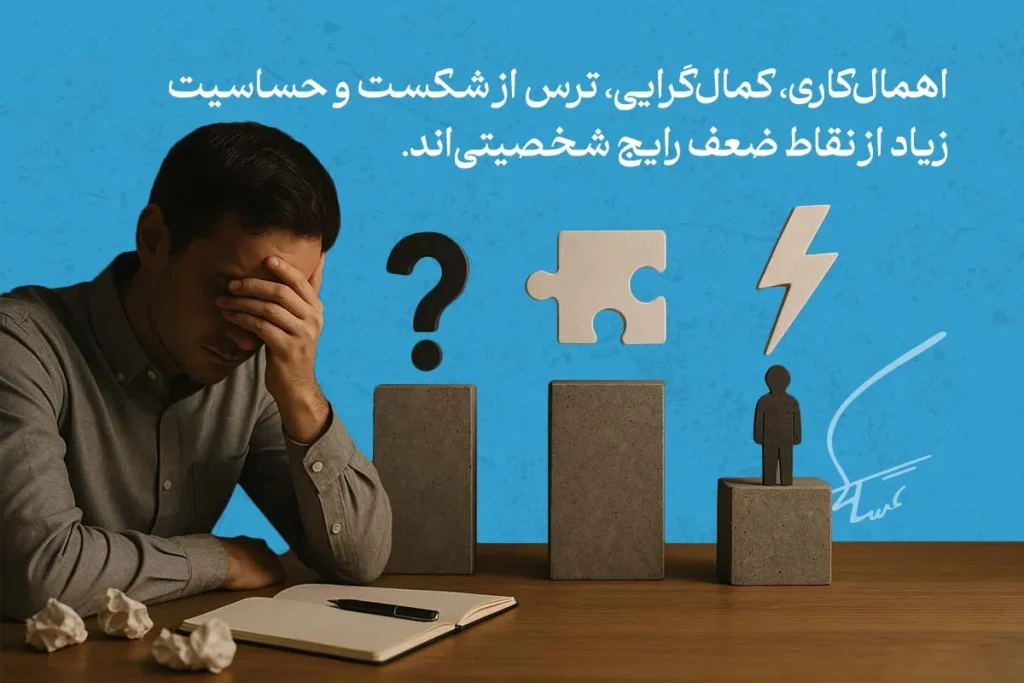 چگونه نقاط قوت و ضعف خود را بشناسیم؟ 6 تصویر فردی ناراحت پشت میز با دفترچه باز که نشاندهنده نقاط ضعف شخصیتی مانند اهمالکاری و ترس از شکست است.
