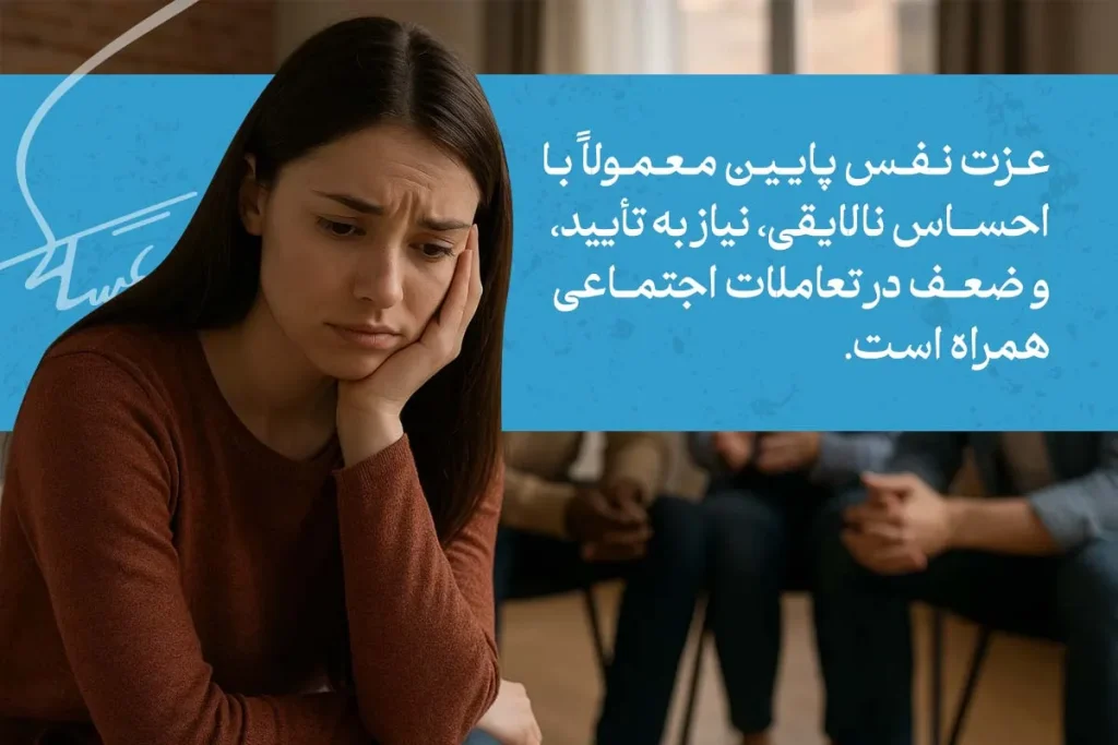 عزت نفس چیست؟ + راه های افزایش عزت نفس 4 زن جوان ناراحت و مضطرب روی صندلی نشسته است، نمادی از ویژگی افراد با عزت نفس پایین و احساس نالایقی در اجتماع.