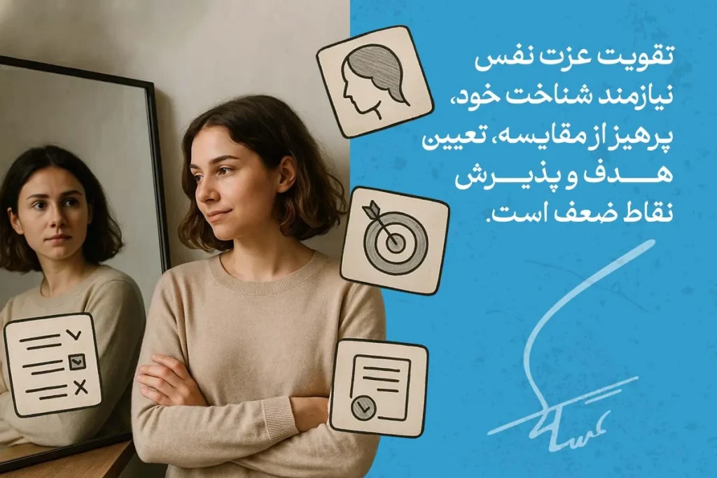 عزت نفس چیست؟ + راه های افزایش عزت نفس 6 تصویر زنی در حال نگاه به آینه با نمادهای هدف و چکلیست؛ بیانگر راه های افزایش عزت نفس با شناخت خود و پذیرش نقاط ضعف.