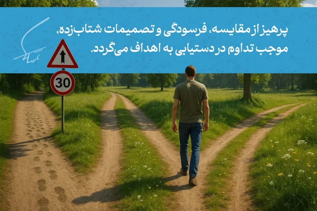 اثر مرکب و روش های استمرار در کار و موفقیت را بشناسید 6 فردی در دو مسیر مختلف ایستاده، استمرار در کارها و انتخاب مسیر درست، باعث رسیدن به هدف میشود.
