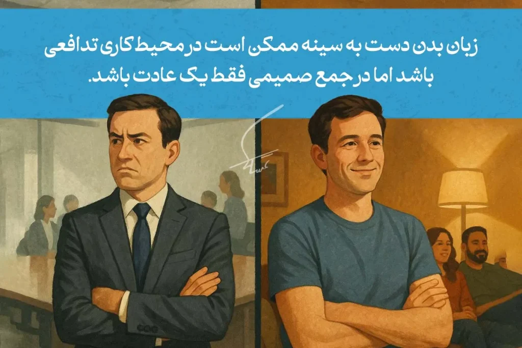 زبان بدن دست به سینه ؛ نشانه قدرت یا دفاع؟ 3 تصویر مردی با زبان بدن دست به سینه در محیط کاری و اجتماعی، که نشاندهنده احساس دفاع یا عدم راحتی است.