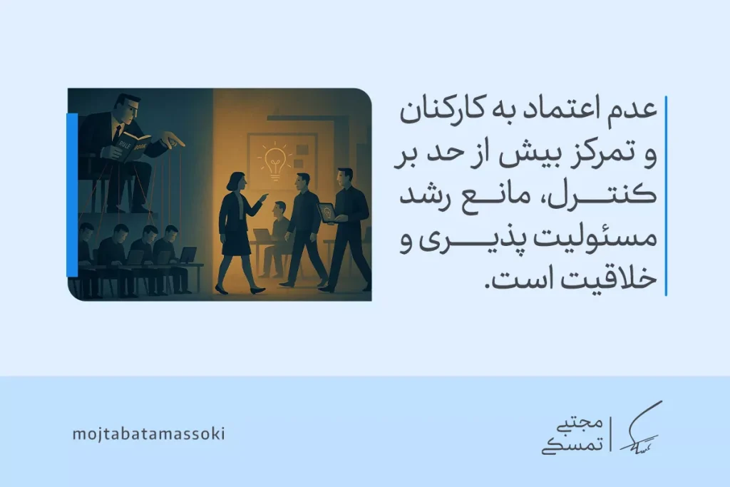 موانع خلاقیت چیست و چطور بر آنها غلبه کنیم؟ 5 مدیری که کارکنان را مثل عروسک خیمهشببازی کنترل میکند، نمادی از موانع خلاقیت و محدودیت رشد تیمی است.