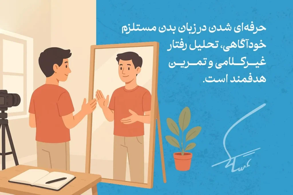 تعریف زبان بدن، اهمیت و کاربرد زبان بدن + تکنیک و قوانین 7 تصویر مردی در حال تمرین مقابل آینه برای بهبود ارتباط، نشاندهنده یادگیری تکنیک های زبان بدن و افزایش خودآگاهی است.
