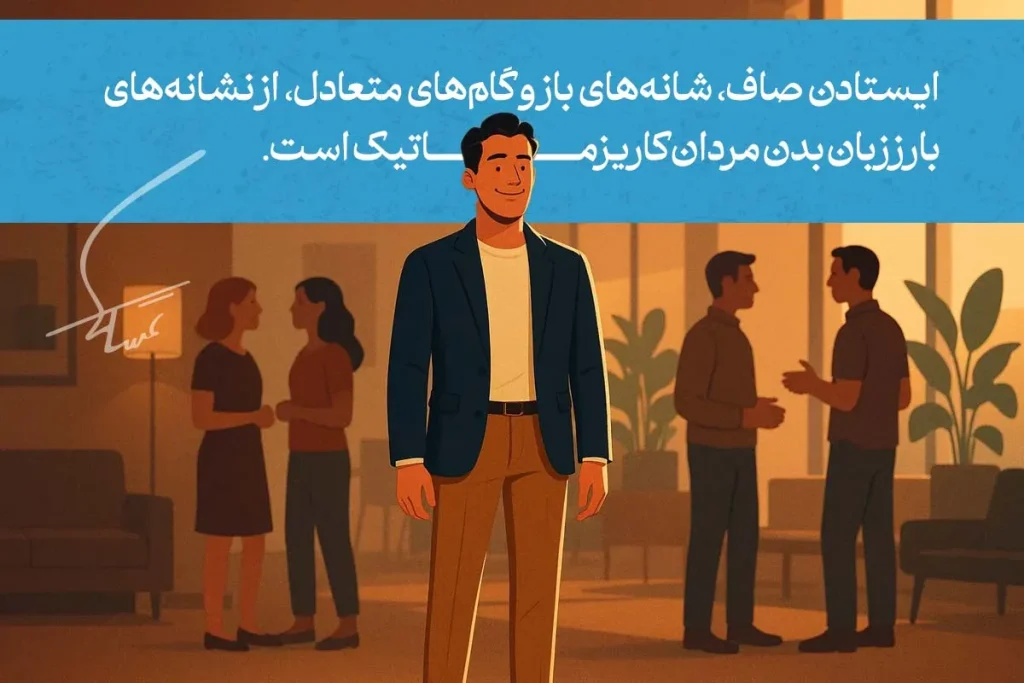 چطور با زبان بدن، کاریزماتیک به نظر برسیم؟ 4 ایستادن صاف با شانههای باز و گامهای متعادل، از ویژگیهای زبان بدن کاریزماتیک مردان است.