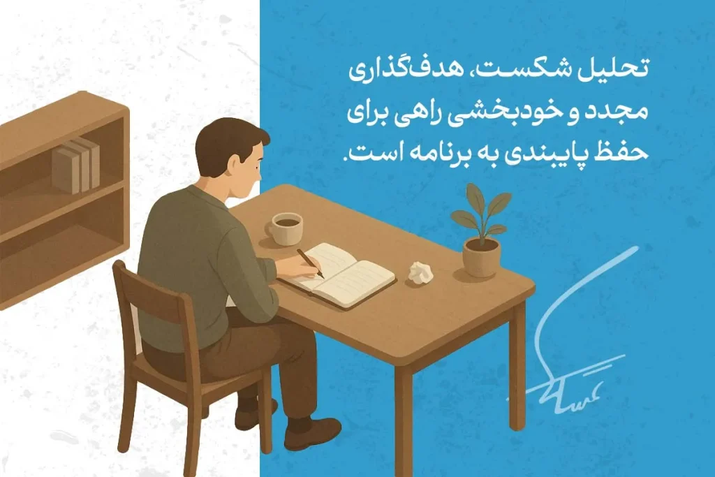 روش های پایبندی به برنامه ریزی + موانع و ابزارهای مفید 5 در تصویر، فردی در حال نوشتن در دفتر است که نشاندهنده پایبندی به برنامهریزی و هدفگذاری مجدد برای حفظ موفقیت است.