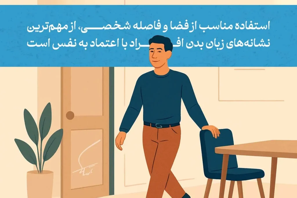 مردی در حال حرکت با زبان اعتماد به نفس؛ استفاده مناسب از فضای شخصی و فاصله در ارتباطات نشان‌دهنده قدرت و آرامش است.