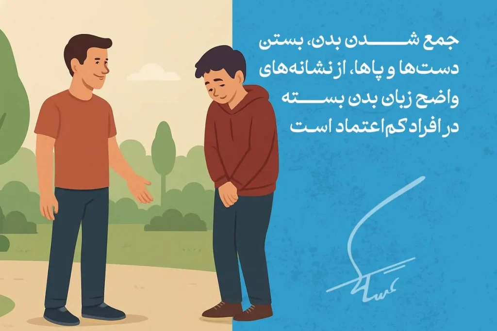 دو نفر در حال گفتگو هستند. جمع شدن بدن و بسته شدن دست‌ها، نشان‌دهنده زبان اعتماد به نفس در افراد کم اعتماد است.