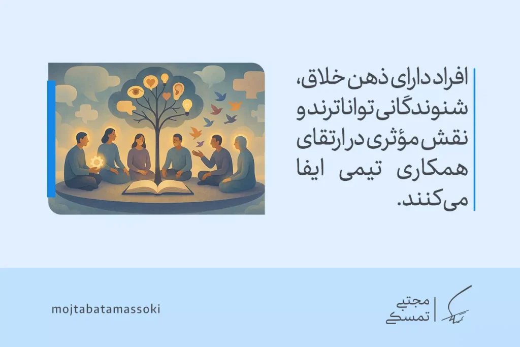 چگونه مهارت تفکر خلاق را در خود تقویت کنیم؟ (راهنمای کامل) 4 تصویر گروهی در حال گفتگو کنار درختی نمادین از ایدهها و کتاب، نشاندهنده نقش تفکر خلاق در همکاری تیمی