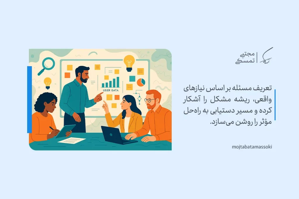 تفکر طراحی چیست و چگونه از آن برای حل خلاقانه مسائل استفاده کنیم؟ 3 تفکر طراحی با نمایش تیمی که با تحلیل دادهها و تعریف مسئله به دنبال کشف ریشه مشکل و راهحل مؤثرند تصویر شده است.