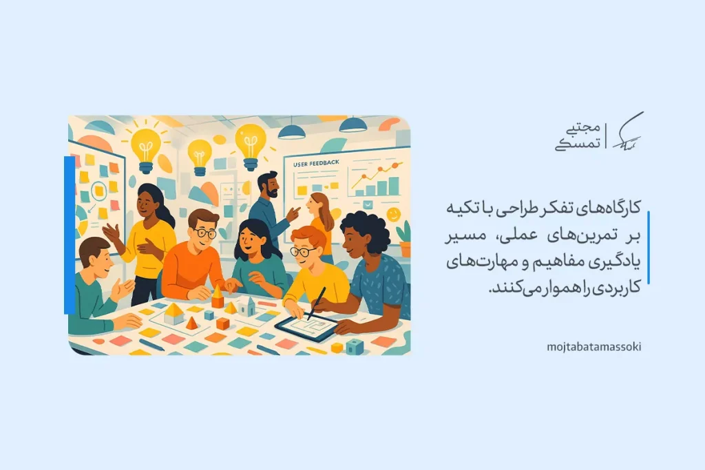 تفکر طراحی چیست و چگونه از آن برای حل خلاقانه مسائل استفاده کنیم؟ 6 تفکر طراحی با نمایش کارگاهی پرانرژی که افراد در تمرینهای عملی و یادگیری مهارتهای کاربردی مشارکت دارند تصویر شده است.