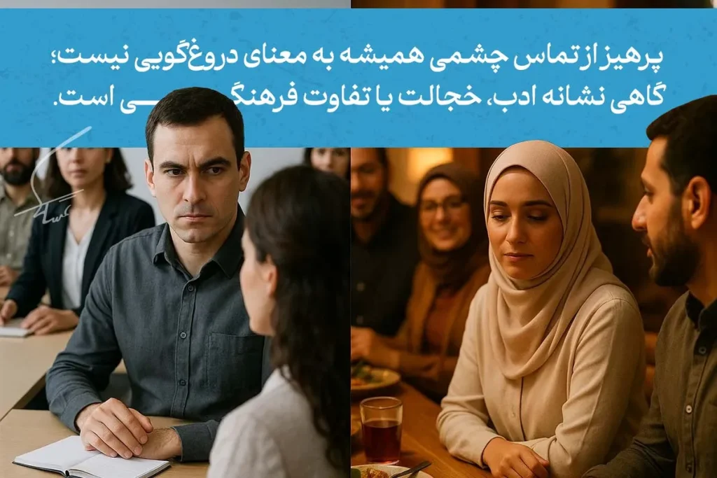 انواع زبان بدن چشم و هر آنچه که باید بدانیم 7 تصویری از یک جلسه جدی و مکالمه است که در آن زبان بدن چشمها نقش مهمی ایفا میکند. ارتباط چشمی در این محیط میتواند بیانگر احترام یا عدم توافق باشد.
