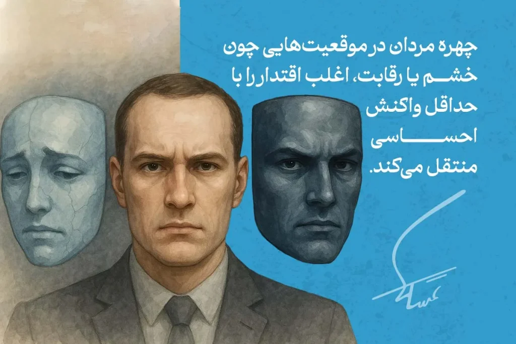 چهره مردی با زبان بدن چهره جدی و ماسک‌های غمگین و عصبانی نشان‌دهنده احساسات پنهان است.