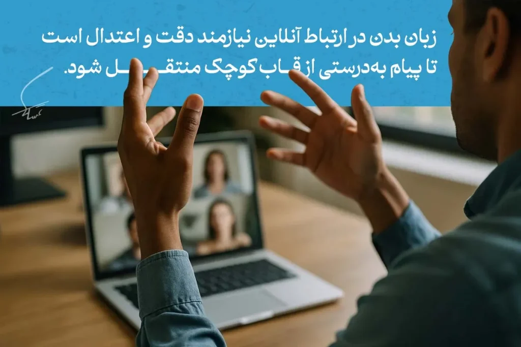 آنچه باید از انواع زبان بدن دست ها بدانیم 11 زبان بدن دست ها در تماس تصویری آنلاین؛ مردی با حرکات دست پیام خود را به شرکتکنندگان جلسه ویدیویی منتقل میکند.