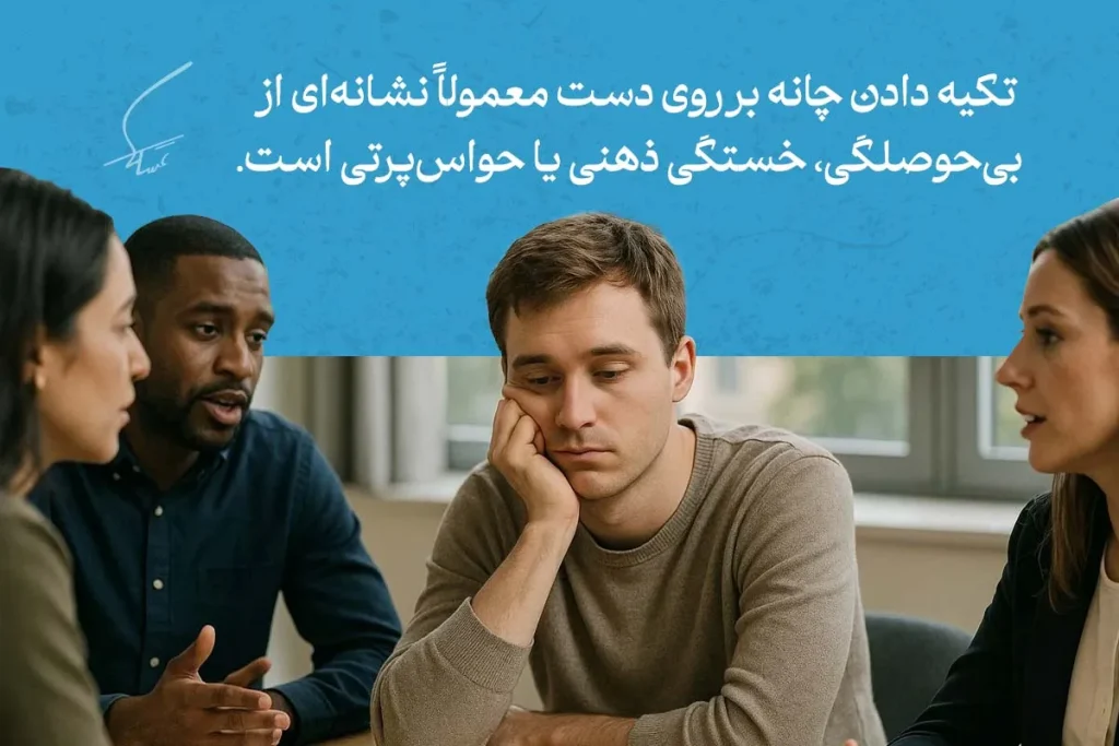 آنچه باید از انواع زبان بدن دست ها بدانیم 5 زبان بدن دست ها در حالت تکیه دادن چانه نشاندهنده خستگی ذهنی و بیحوصلگی مرد جوان در جمع دوستان یا جلسه است.