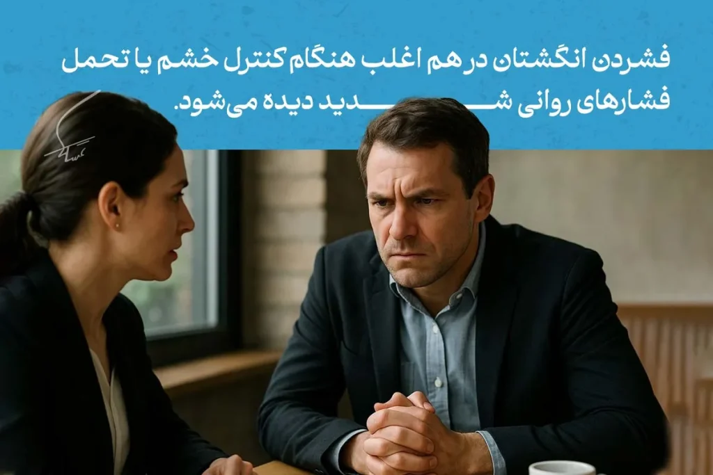 آنچه باید از انواع زبان بدن دست ها بدانیم 8 زبان بدن دست ها در حالت فشردن انگشتان نشاندهنده خشم کنترلشده یا فشار روانی مرد در گفتوگوی جدی است.