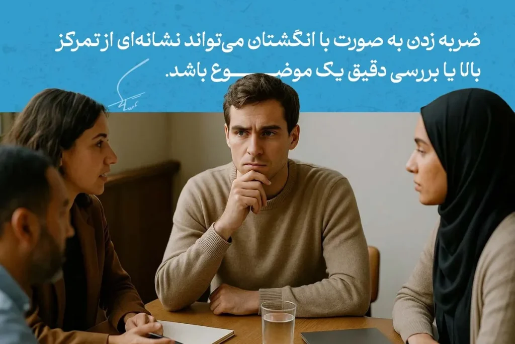آنچه باید از انواع زبان بدن دست ها بدانیم 6 زبان بدن دست ها در حالت لمس صورت با انگشتان، نشاندهنده تمرکز و بررسی دقیق مرد جوان در جمع کاری است.