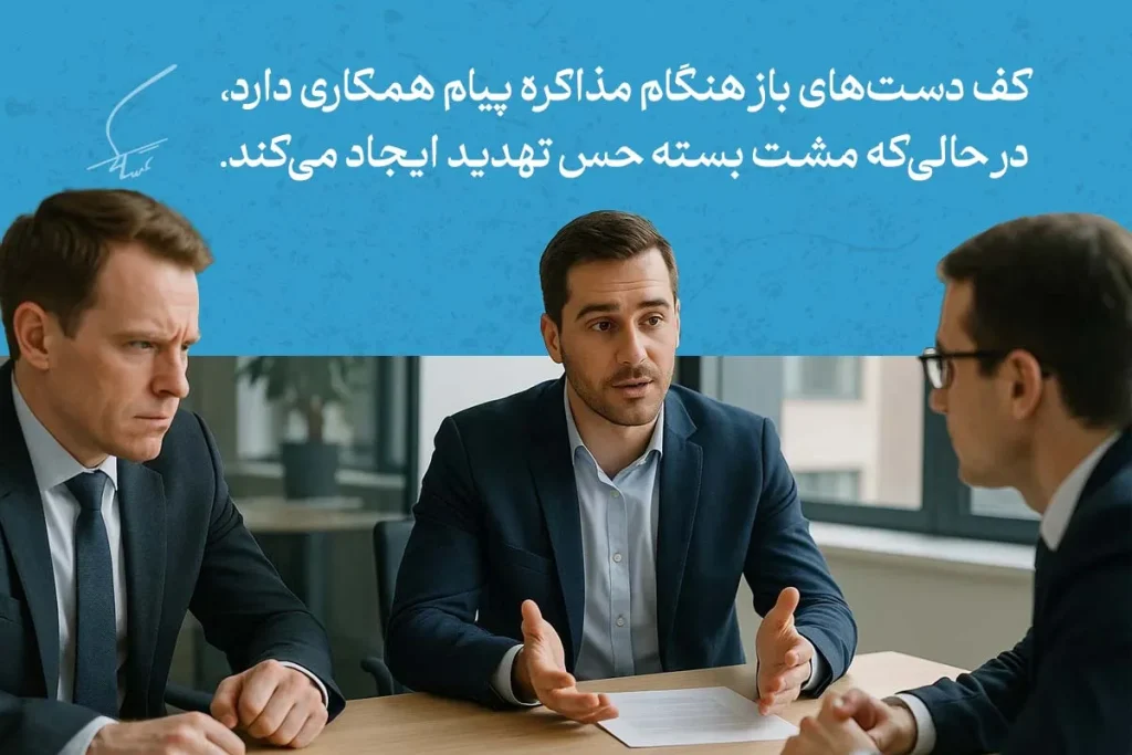 آنچه باید از انواع زبان بدن دست ها بدانیم 9 زبان بدن دست ها در حالت کف دست باز هنگام مذاکره، نشاندهنده همکاری و اعتماد مرد در جلسه کاری رسمی است.