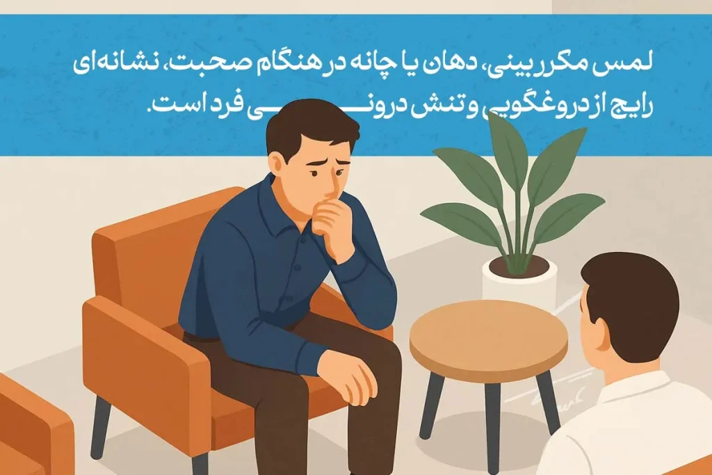 چگونه زبان بدن، دروغگوها را لو میدهد؟ 3 تصویر نشاندهنده رفتار زبان بدن افراد دروغگو با لمس صورت و نشانههای استرس در طول گفتوگو است.