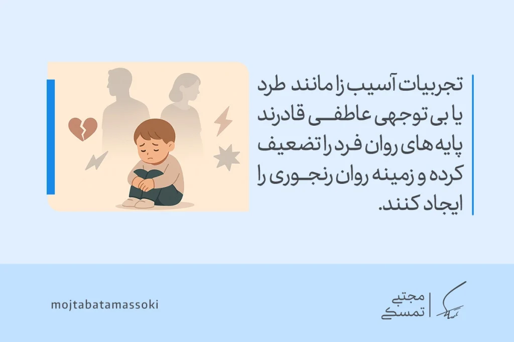 کودکی غمگین با والدین محو در پس‌زمینه نشسته و تنهایی و آسیب عاطفی دوران کودکی در شکل‌گیری روان رنجوری را نشان می‌دهد.