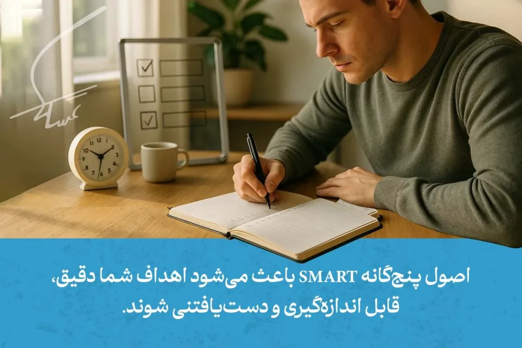 روش اسمارت smart در هدف گذاری + مزایا، معایب 3 در تصویر، فردی در حال نوشتن اهداف است که نشان میدهد هدف گذاری SMART دقت و دستیافتنی بودن اهداف را تضمین میکند.