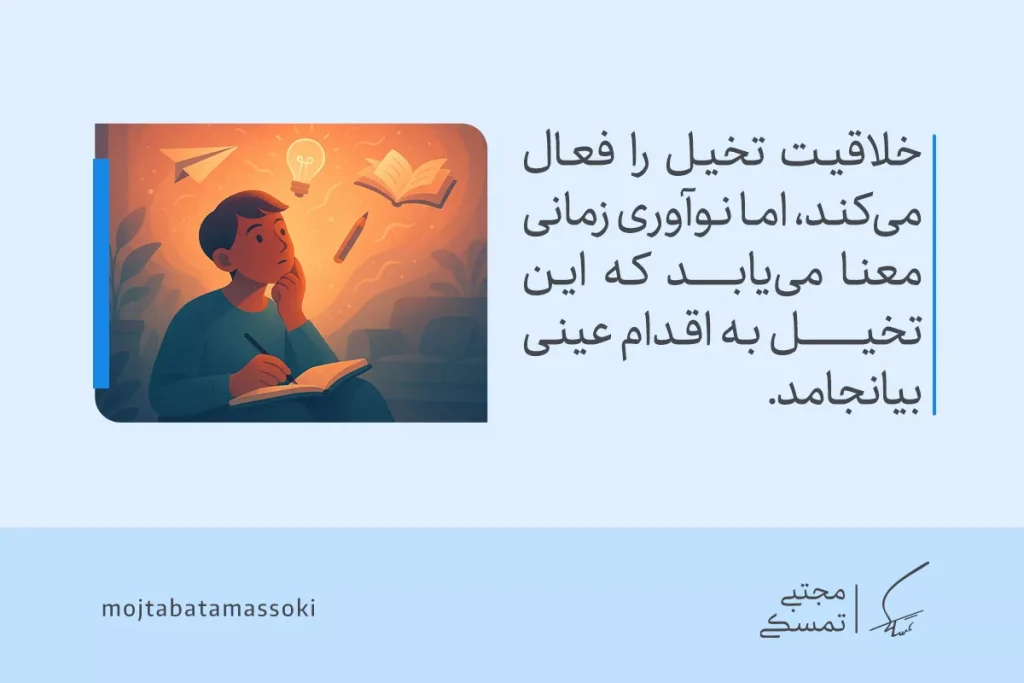 تفاوت خلاقیت و نوآوری: از ایده تا اجرا 3 تصویر فردی در حال نوشتن و تفکر که تفاوت خلاقیت و نوآوری را با فعال شدن تخیل و تبدیل آن به اقدام عینی نشان میدهد.