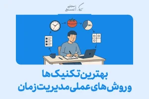 در تصویر، تکنیک مدیریت زمان با استفاده از روش‌های کارآمد مانند پومودورو، لیست کارها و نمودارهای پیشرفت نمایش داده شده است.