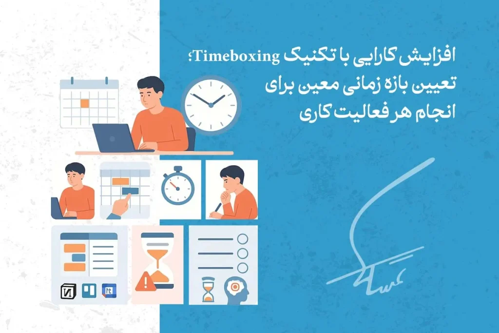 بهترین تکنیک و روش ها عملی مدیریت زمان 5 در تصویر، تکنیک مدیریت زمان با استفاده از روش Timeboxing برای تعیین زمان مشخص برای هر فعالیت کاری نشان داده شده است.