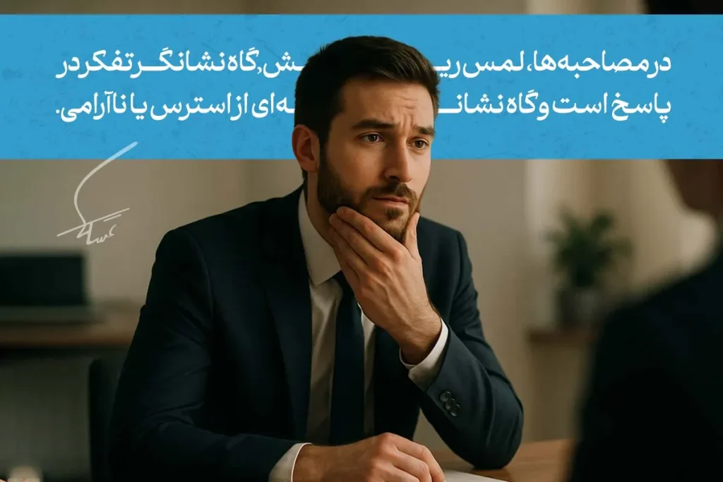 زبان بدن دست کشیدن و بازی با ریش چه می گوید؟ 4 تصویر مردی در حال دست کشیدن به ریش خود است که نشاندهنده تمرکز و تفکر در زبان بدن است، همچنین ممکن است نشانهای از استرس یا نگرانی باشد.