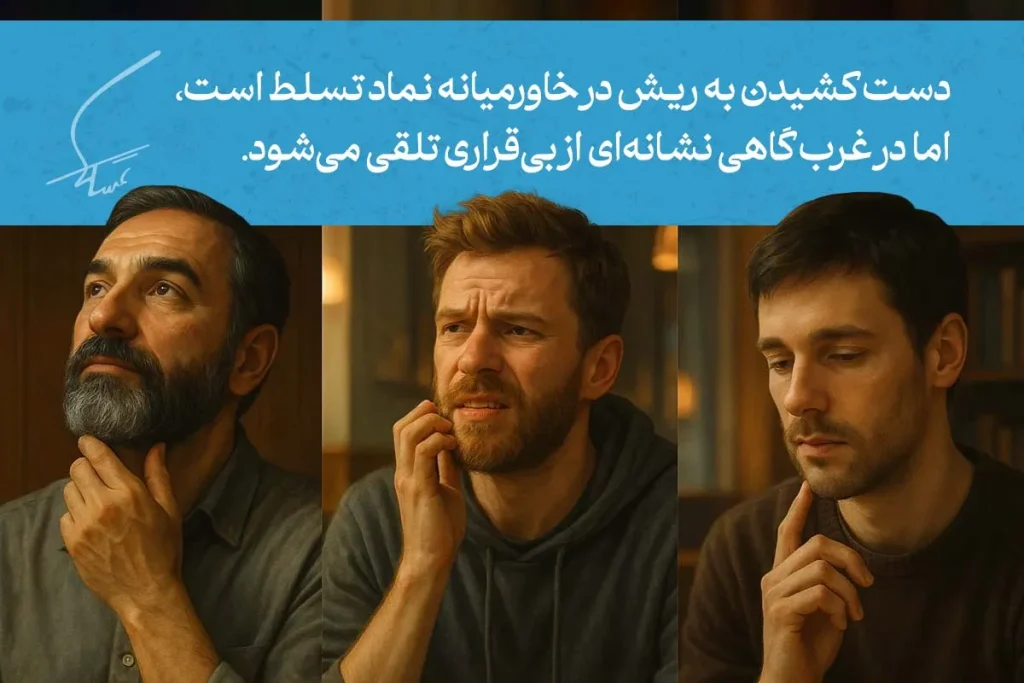 زبان بدن دست کشیدن و بازی با ریش چه می گوید؟ 5 تصویر نشاندهنده مردانی است که دست به ریش خود میکشند. این حرکت در شرق نماد تسلط و در غرب نشاندهنده نگرانی یا تفکر است.