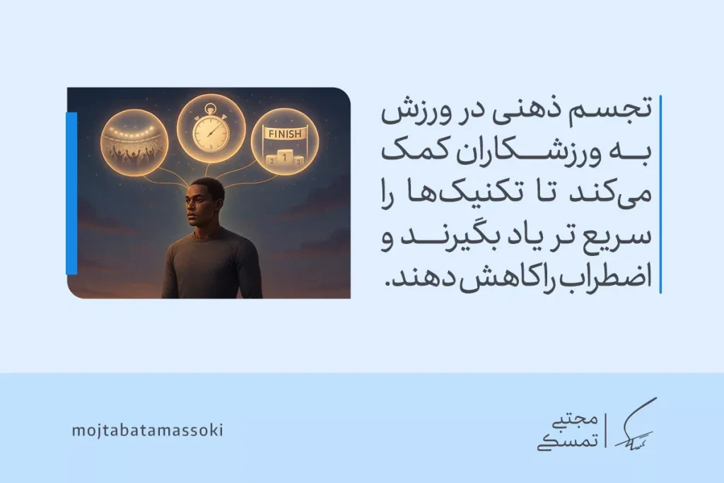 تعریف قدرت تجسم و روش استفاده مناسب در زندگی 4 تجسم ذهنی در ورزش، کمک میکند تا تکنیکها سریعتر یاد گرفته شده و استرس و اضطراب کاهش یابد.