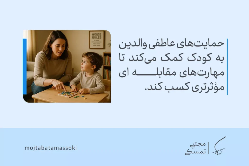 مهارت تابآوری چیست؟ راهنمای کامل انواع، مؤلفهها و تمرینها 6 مادری که کنار فرزندش بازی آموزشی انجام میدهد نشان میدهد حمایت عاطفی والدین نقش مهمی در پرورش تاب آوری کودک دارد.