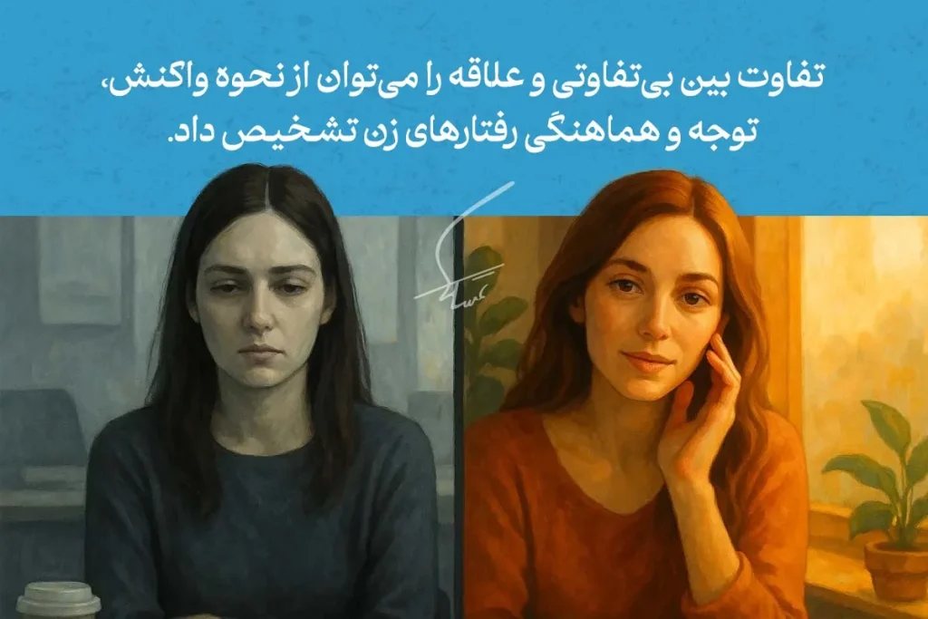 ۴۵ نشانه زبان بدن زن عاشق و زنی که دوستت دارد 8 تفاوت در زبان بدن زن عاشق با زنی بیتفاوت؛ لبخند و تماس چشمی زن سمت راست در مقابل بیتوجهی زن سمت چپ دیده میشود.