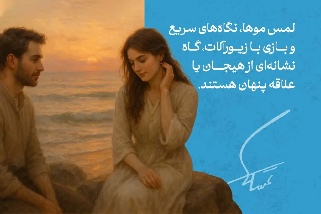 ۴۵ نشانه زبان بدن زن عاشق و زنی که دوستت دارد 7 زبان بدن زن عاشق در کنار مرد کنار دریا؛ لمس موها و نگاه پایین نشاندهنده احساسات پنهان، هیجان و علاقه قلبی است.