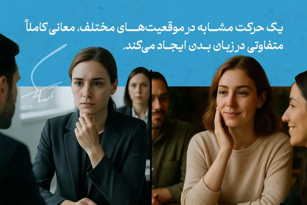 هر آنچه که باید در مورد زبان بدن زنان بدانیم 8 زبان بدن زنان در موقعیتهای متفاوت؛ یک حرکت مشابه دست روی صورت میتواند نشانه نگرانی یا علاقه باشد.