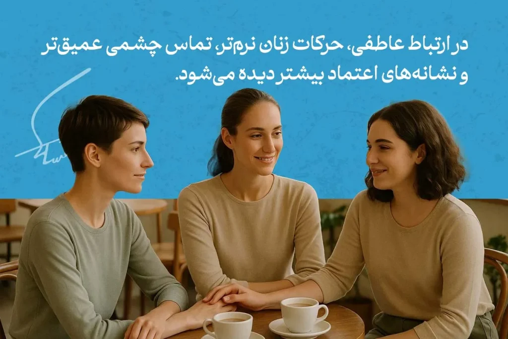 هر آنچه که باید در مورد زبان بدن زنان بدانیم 6 زبان بدن زنان در ارتباط عاطفی؛ سه زن در حال گفتگو با تماس چشمی و لبخند، نشانه اعتماد و صمیمیت را نشان میدهند.