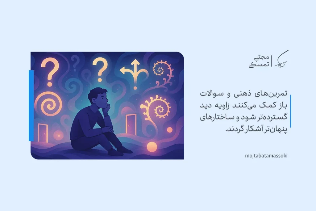 تفکر انتزاعی چیست؟+مثال ها، روش های تقویت و چالش ها 4 تفکر انتزاعی با نمایش مردی اندیشمند در میان علامتهای سؤال و نمادهای ذهنی پیچیده تصویر شده است.