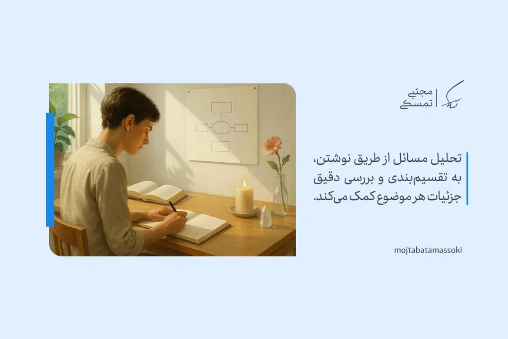 تفکر تحلیلی چیست و چگونه آن را تقویت کنیم؟ 5 تصویر فردی در حال نوشتن و تحلیل موضوعات با نمودار روی دیوار که نشاندهنده نظم ذهنی و تقویت مهارتهای تفکر تحلیلی است.