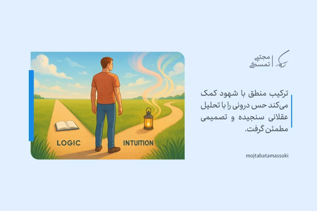 تفکر منطقی چیست و چرا به آن نیاز داریم؟ 6 تصویر فردی که در دو راهی با نمادهای تفکر منطقی و شهود قرار دارد، نمایانگر ترکیب این دو در تصمیمگیری است.