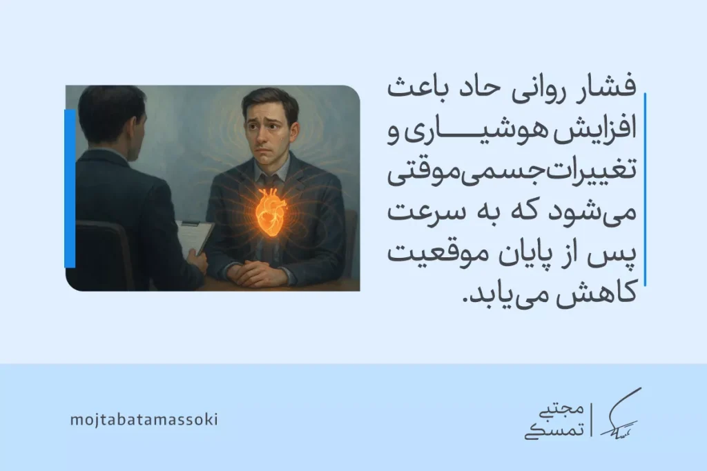 فشار روانی چیست و چه نشانههایی دارد؟ راهنمای کامل تشخیص و مدیریت 5 مردی مضطرب با قلبی درخشان مقابل درمانگر نشسته که نشاندهنده واکنشهای جسمی ناشی از فشار روانی شدید است.