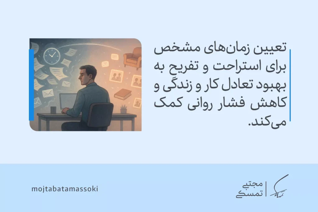 فشار روانی چیست و چه نشانههایی دارد؟ راهنمای کامل تشخیص و مدیریت 6 مردی پشت میز کار با نمادهای زمان و تفریح احاطه شده که نشاندهنده اهمیت تعادل برای کاهش فشار روانی است.