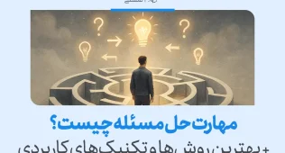 مهارت حل مسئله چیست؟ + بهترین روشها و تکنیکهای کاربردی 2 تصویری از یک فرد در دالان لبریز از علامتهای سوال و چراغهای ایده، که به حل مسئله و پیدا کردن راهحلهای مناسب میاندیشد.