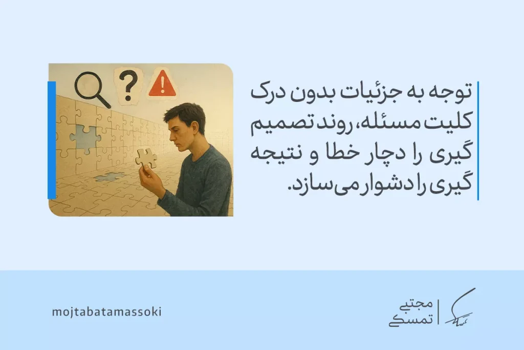 مهارت حل مسئله چیست؟ + بهترین روشها و تکنیکهای کاربردی 6 در تصویر یک مرد در حال تلاش برای حل پازل با دقت به جزئیات و علامتهای سوال و هشدار که نشاندهنده چالش در حل مسئله است.