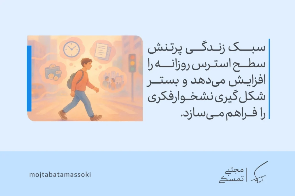 افکار مزاحم چیست و چگونه آنها را متوقف کنیم؟ 3 تصویر مردی در حال راه رفتن در شهر که درگیر مشغلههای ذهنی و استرس روزانه است و زمینه بروز افکار مزاحم را ایجاد میکند.