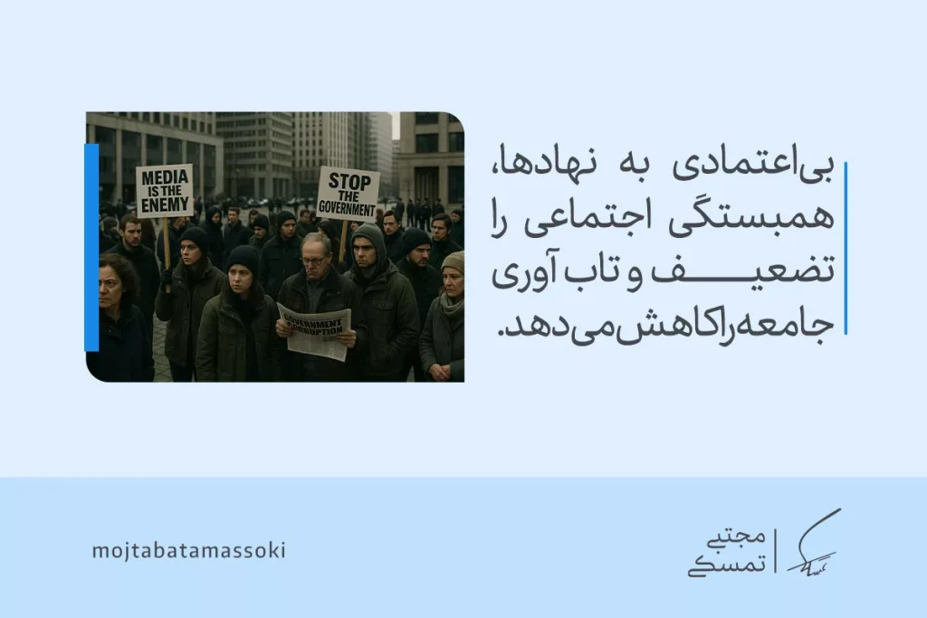 همه چیز درباره تابآوری اجتماعی: تعریف، اهمیت، عوامل و راهکارها 5 تصویر اعتراض خیابانی با پلاکارد علیه دولت؛ بیاعتمادی به نهادها همبستگی اجتماعی را تضعیف و تاب آوری اجتماعی را کاهش میدهد.