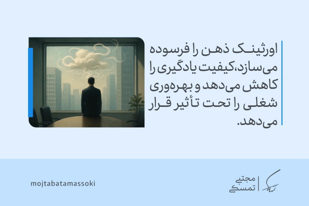 نشخوار فکری (Overthinking) چیست و چگونه آن را متوقف کنیم؟ 4 تصویر مردی که در محل کار به ابرهای ذهنی خیره شده، نمادی از خستگی ذهنی و کاهش تمرکز ناشی از نشخوار فکری است.
