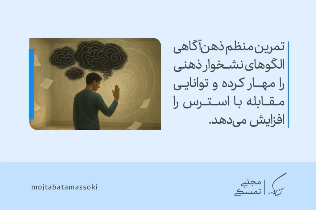 نشخوار فکری (Overthinking) چیست و چگونه آن را متوقف کنیم؟ 6 تصویر مردی که با تمرکز در برابر ابرهای تیره ذهنی ایستاده، نمادی از مهار افکار منفی و کنترل نشخوار فکری است.