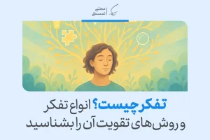 تصویر فردی در حال آرامش با چشمان بسته و نمادهای ذهنی در پس‌زمینه که نشان‌دهنده تفکر و رشد ذهن است و به تقویت تفکر اشاره دارد